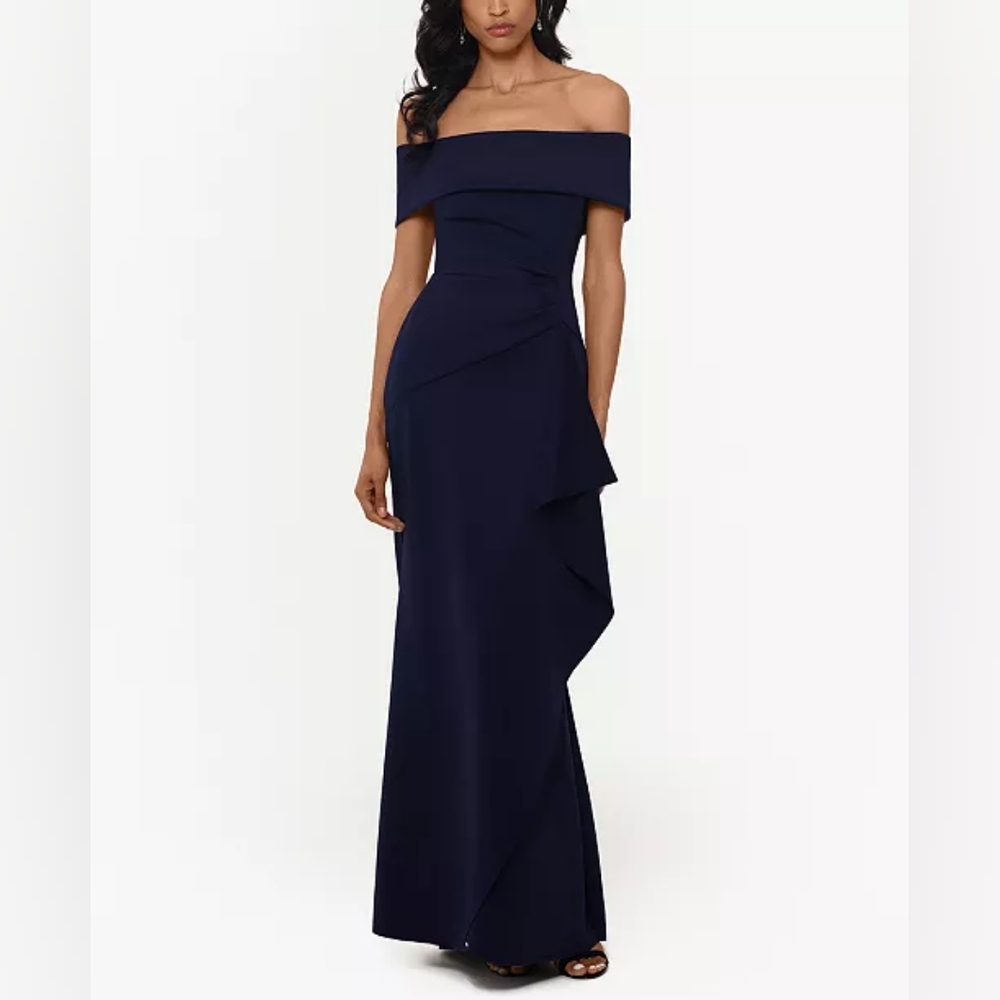 Ruffled Off-The-Shoulder Dress, Navy Blue, Size 6